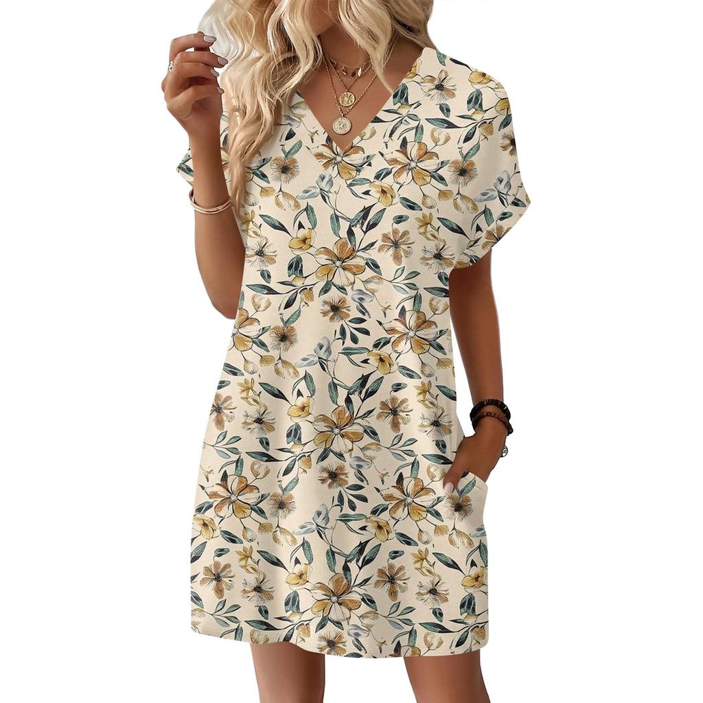 Short Sleeve Women's Dress Casual Dresses With Pockets V Neck Vocation Boho Beach Sundress