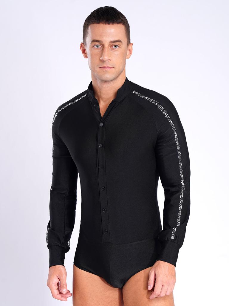 Men Latin Rumba Samba Dancewear Competition Costume Shiny Rhinestones Color Block Modern Ballroom Dance Leotard Professional