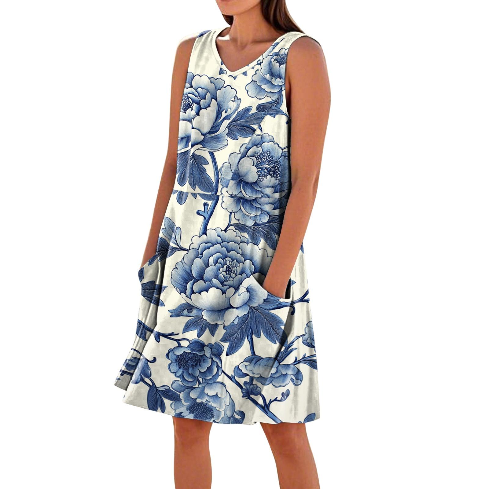Women s Casual Printed Sleeveless V-Neck Pocket Dress XL