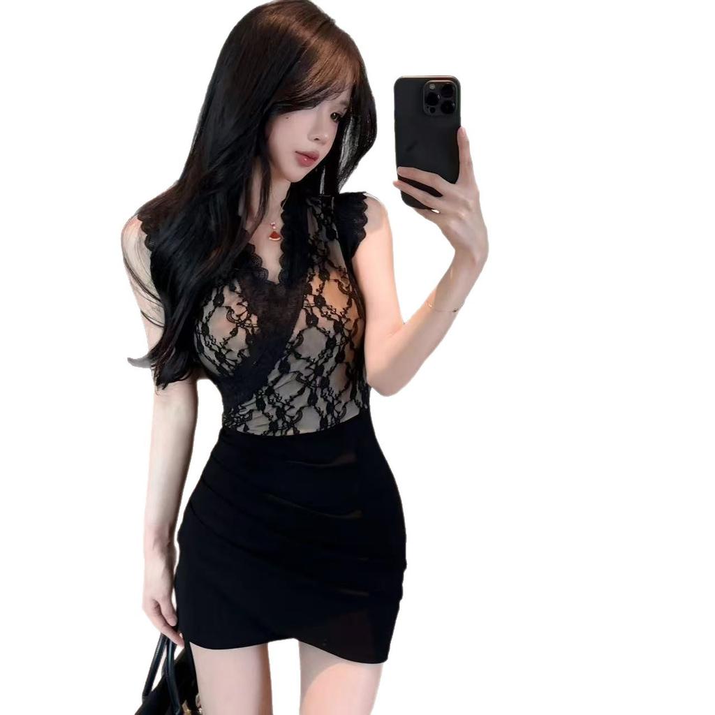 Summer Pure Desire Celebrity Temperament Sexy and Thin V-neck Lace Splicing Black Hip-wrapped Spice Girl Slim Dress