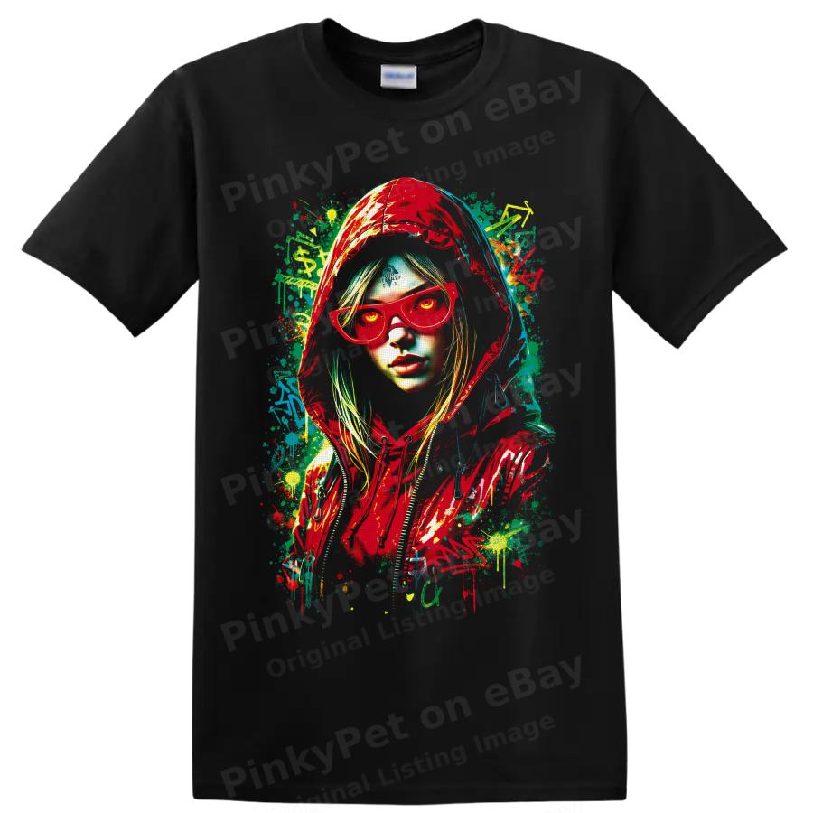 Graffiti Hooded Woman T Shirt W/ Neon Street Art Portrait Graphic Urban Pop Tee