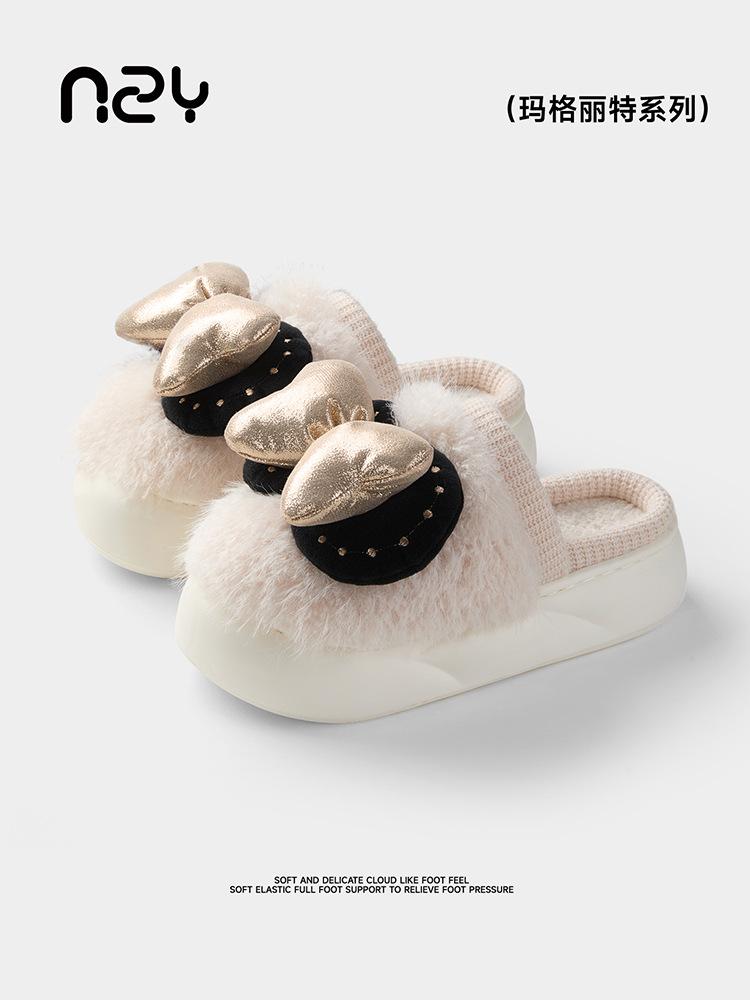 

Bow slippers fleece warm home wear comfortable cotton slippers thick bottom non-slip cotton slippers autumn and winter 40-41 світлого кольору хакі
