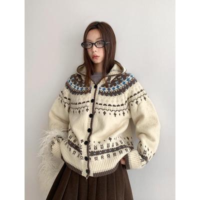 Dorothy Fair Isle Retro Hooded Knit Cardigan - Women's Thickened All-Match Sweater
