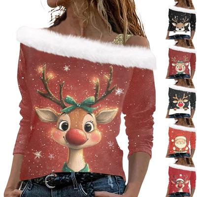 Damen-Langarm-Oberteile, modische Damen-Pullover mit lockerem Weihnachtsdruck, schulterfrei