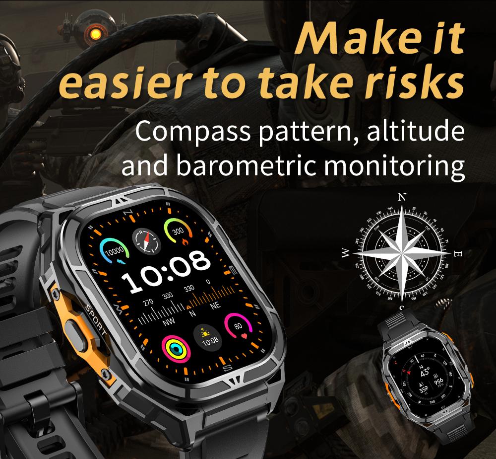 New Sport Smart Watch Men GPS Track 5ATM Waterproof Compass Heart Rate 530mAh Battery 1.96"AMOLED Screen BT Call Smartwatch