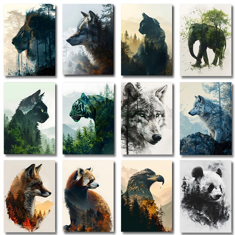 Animal and Forest Poster Eagle Wolf Tiger Lion Cat Panda Fox Tree Canvas for Living Room Home Decor Wall Art Mural