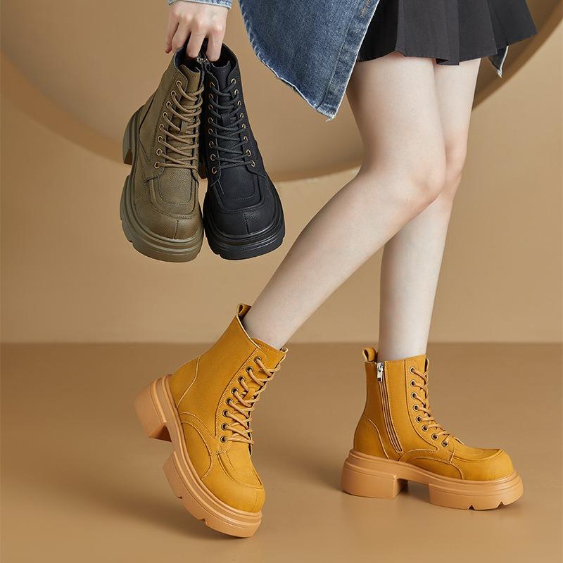 3233 small size leather rhubarb boots women's thick-soled high-top lace-up women's boots velvet solid color casual student shoes