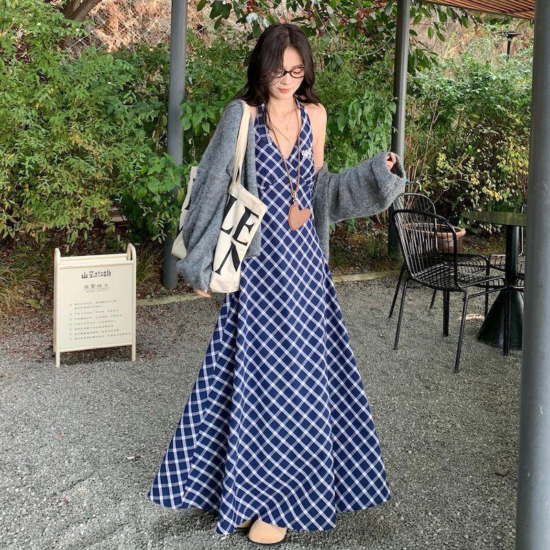 Retro Plaid Halter Women Spring New Collection Waist-cinching Fashionable Long Strap Dress