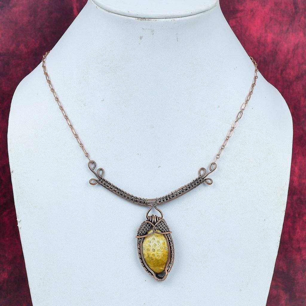 Fossil Coral Gemstone Necklace Copper Wire Wrapped Adjustable Chain Necklace