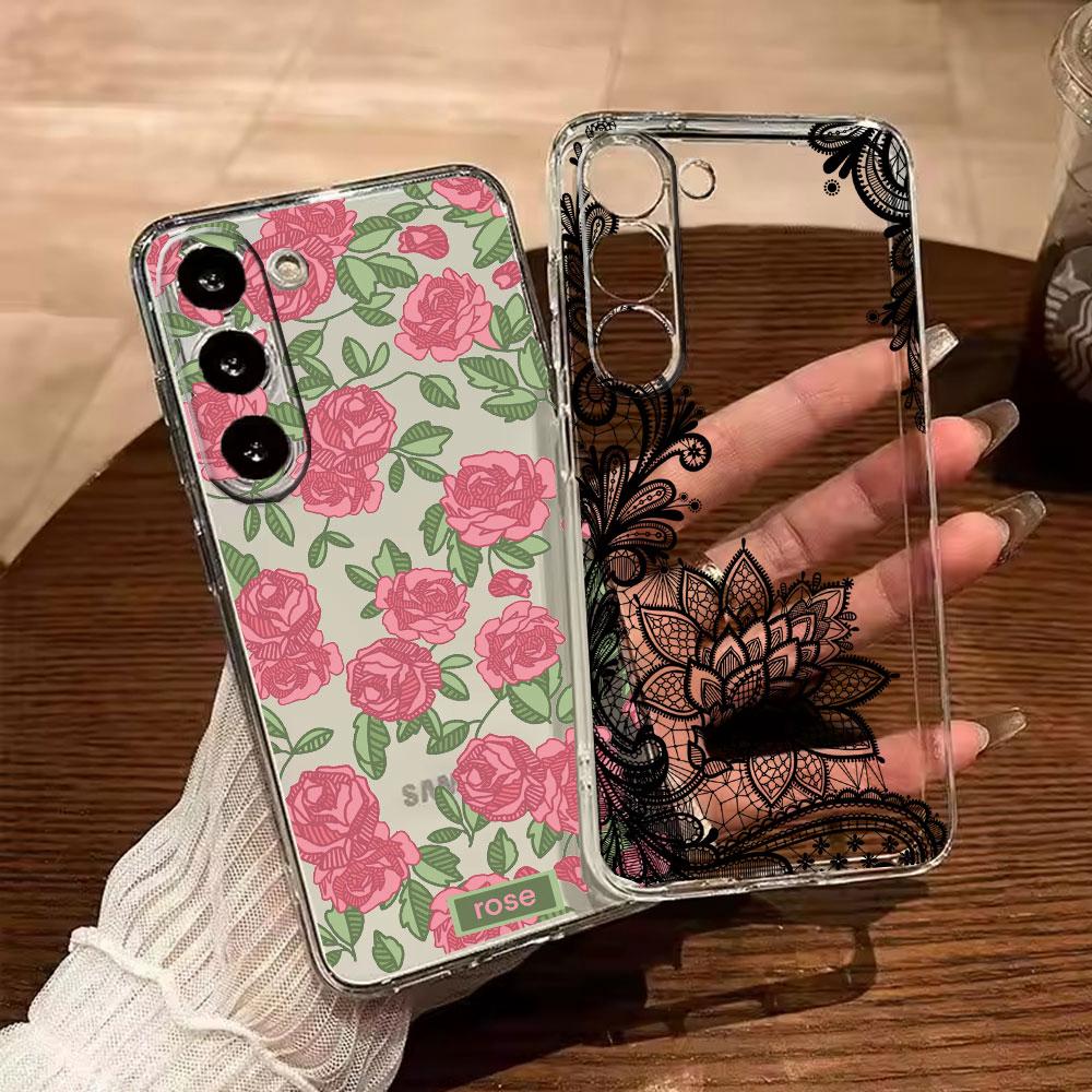 Romantic Lace Pattern Transparent Flower Phone Case For Samsung Galaxy A54 A56 A16 A17 A37 A57 A06 A07 A13 A14 M54 Clear Cover
