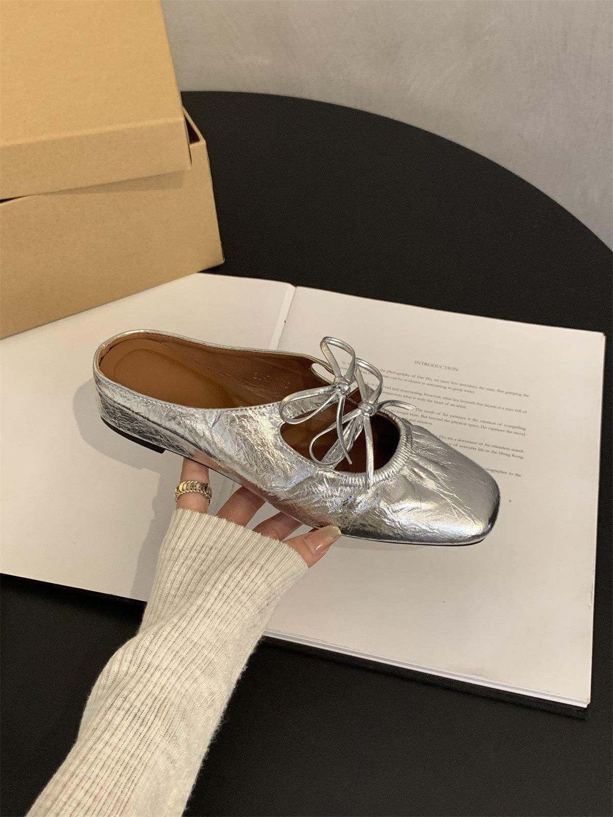 

inner heightening bag head half slippers women wear silver sandals French temperament fairy wind slope heel platform single shoes in summer 35