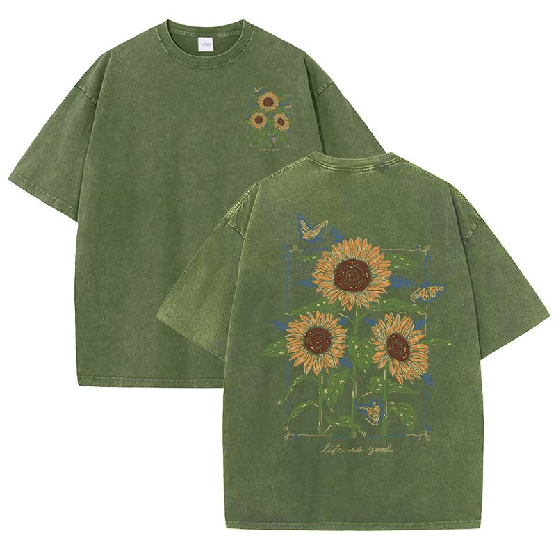 Lift Is Good Beautiful Sunflower Print Washed T Shirts Women Soft Cotton TShirt Street Creative Short Sleeve Summer Casual Tops S