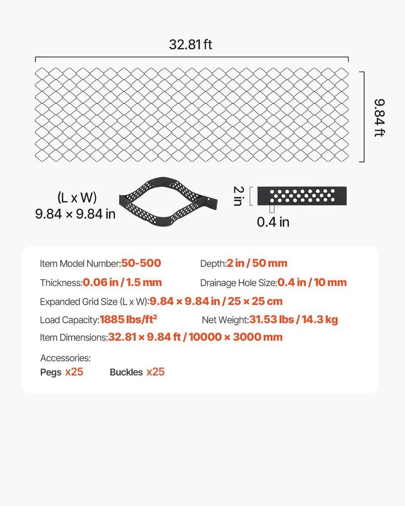 Ground Grid 2-In Deep Geocell Grid 32.81x9.84FT / 10000x3000mm for Gravel
