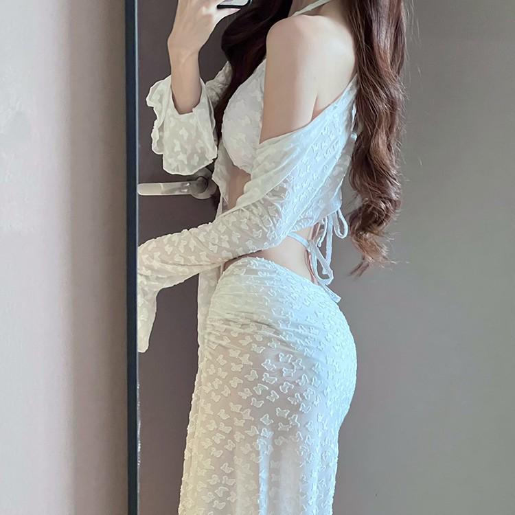 Women's Sexy 2025 Four-Piece Bikini Set: Slimming Long Dress & Small Chest Gathering for Hot Spring Vacations