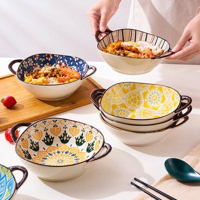 9.5Inch Japanese Household Noodle Bowl Ceramic Soup Bowl with Handle Salad Pasta Bowl Kitchen Tableware Microwave Oven Bakware
