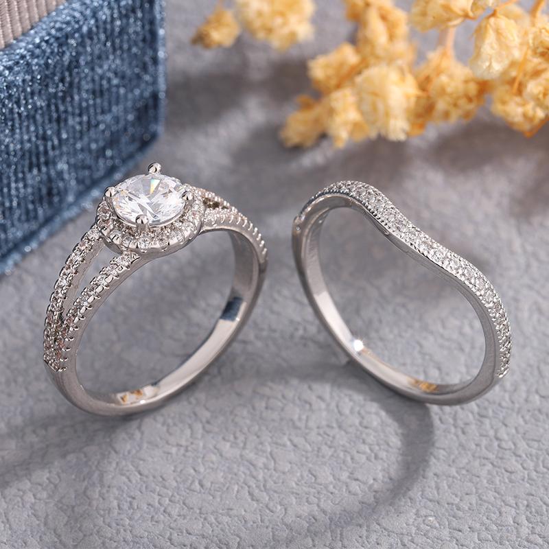 Shiny Round Crystal Zircon Sets Ring Women Bridal Wedding Jewelry Korean Exquisite 925 Plated Ring Fashion Jewelry