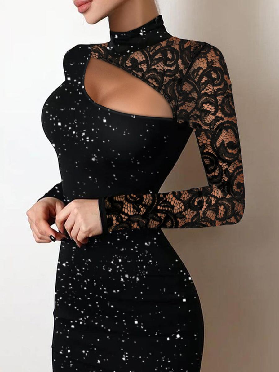 

Lace Hollow Evening Dress with Sparkling Knit Fabric and Slim Fit XL