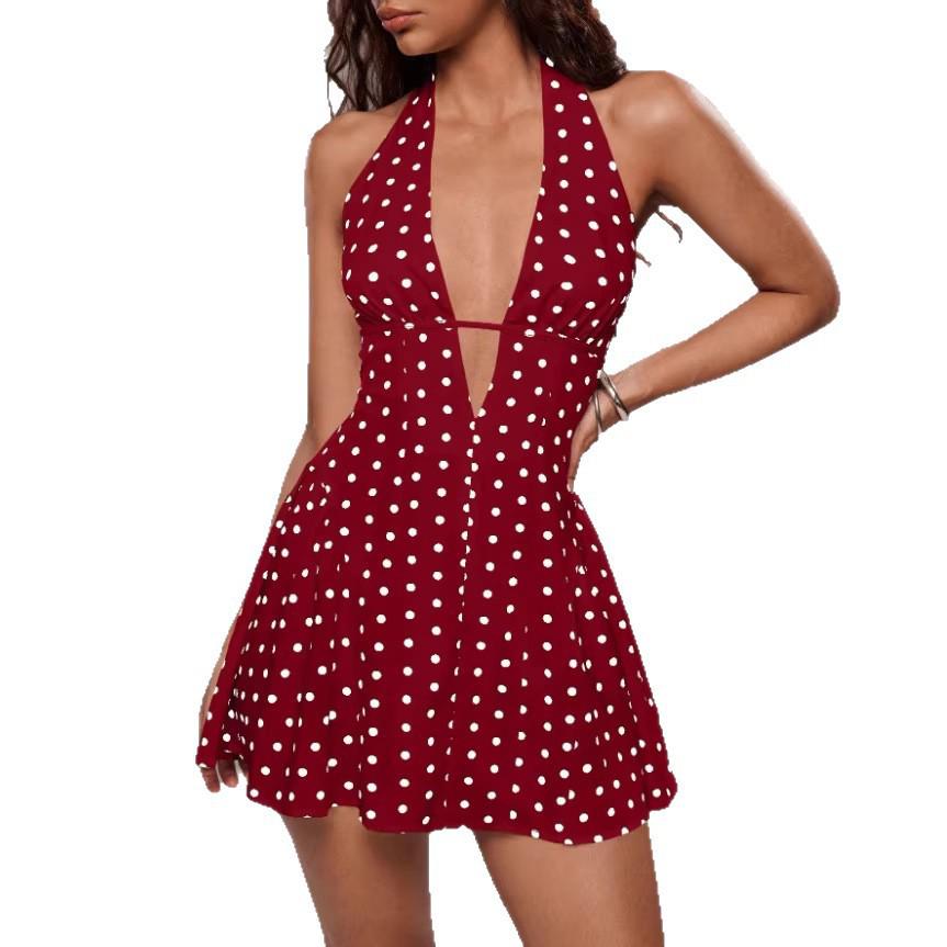 2026 Cross-border Sleeveless Halter Deep V Polka Dot Open Back A-line Mini Dress for Women