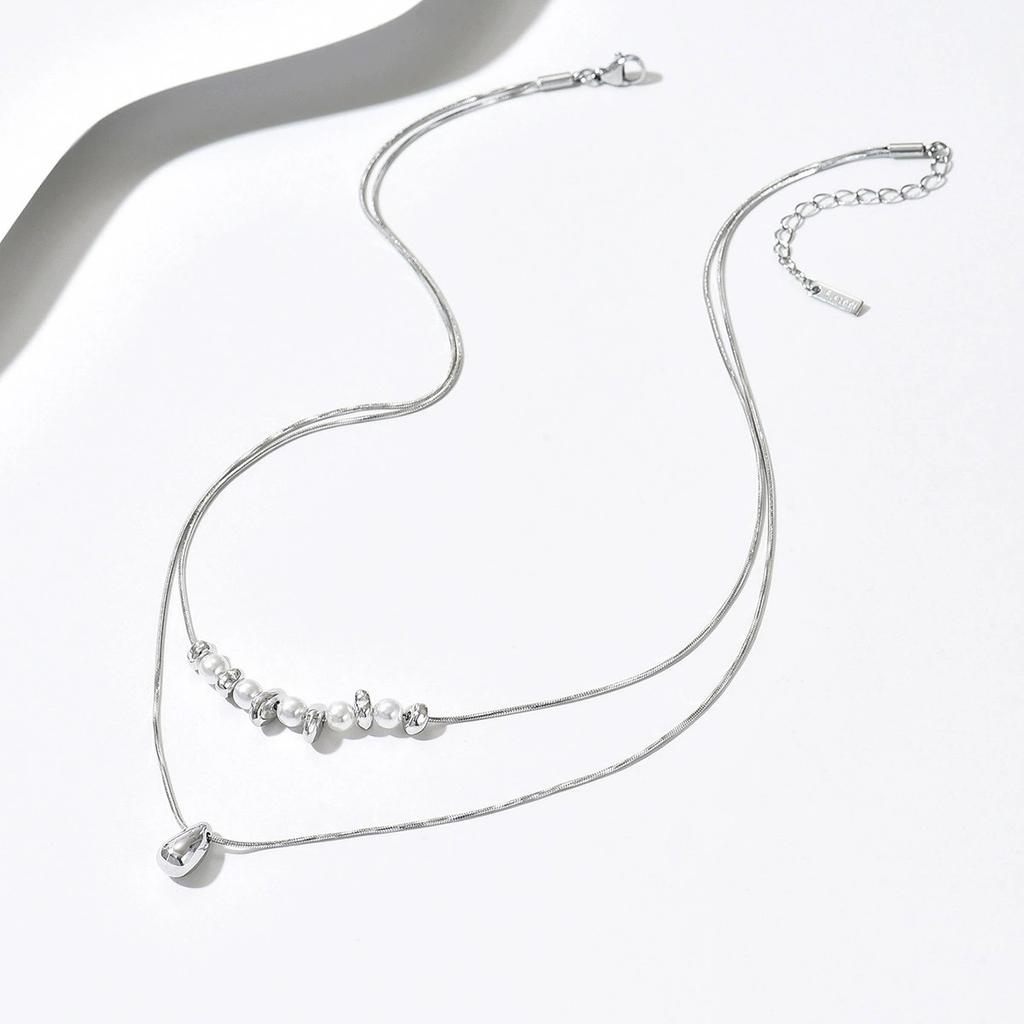 Fashion Jewelry Stainless Steel Two-layers Snake Bone Chain Pendant Necklace Women Water Drop Clavicle Chain Necklace