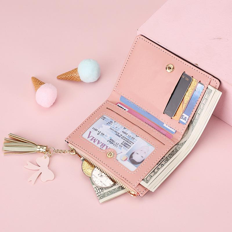 Women’s Cute Cat Pattern Short Wallet PU Leather Bifold Wallet Zipper Coin Purse Card Holder Tassel Mini Wallet for Girls and Ladies