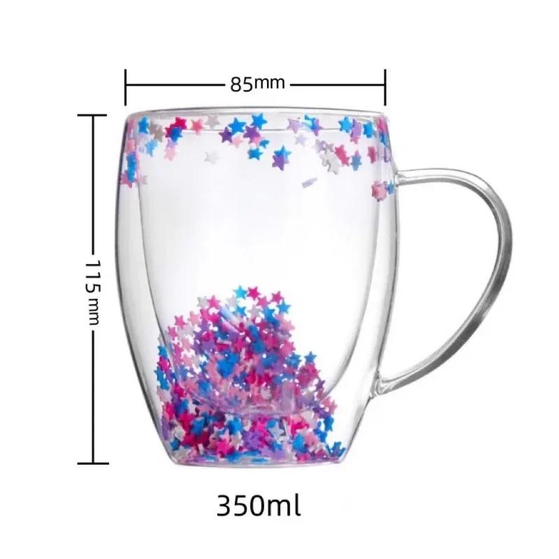 Creative Double Wall Glass Cup Real Flower Conch Flash Filler Glass Cups Hand Gifts High Borosilicate Glass Cups with Handles