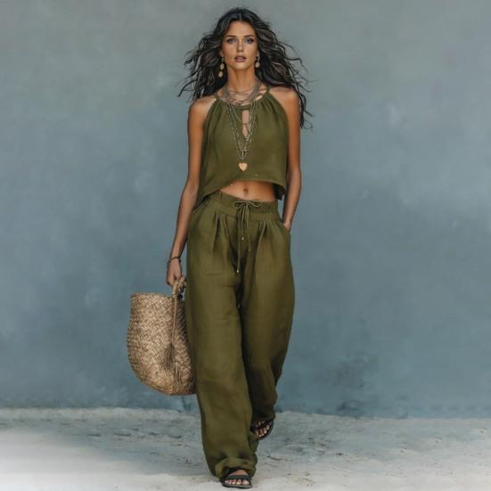 Completi da Donna 2 Pezzi Top Corto Senza Maniche e Pantaloni Lunghi a Gamba Larga Set Coordinati Casual Abbigliamento Estivo per Viaggi Vacanze Relax