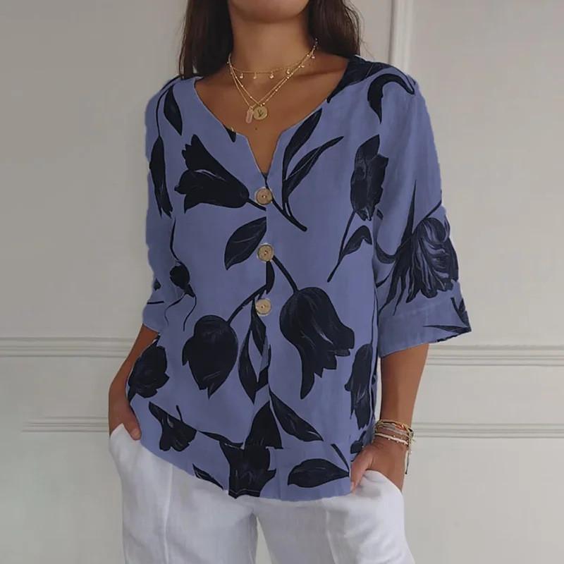 Maglia a maniche corte con scollo a V in cotone e lino con stampa digitale per abbigliamento casual estivo da donna