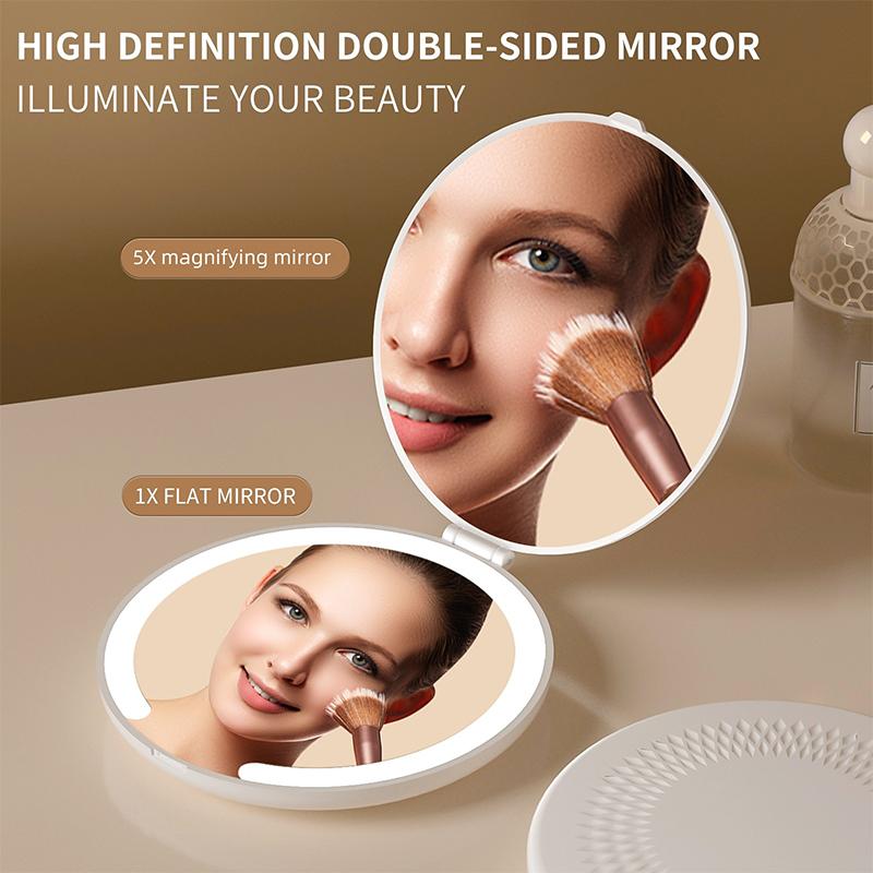 1x/5x Magnifying Makeup Mirror Intelligent Tri Color LED Light Cosmetic Mirrors Small Portable HD Double-Sided Mirror for Travel