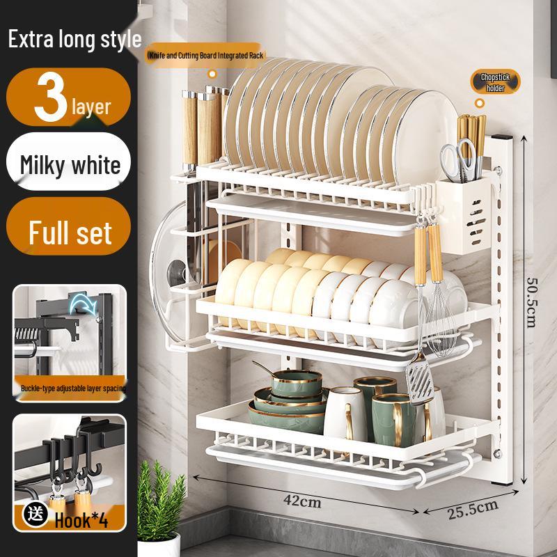 Wall-Mounted Punch-Free Kitchen Dish & Plate Rack with Bowl and Chopstick Storage