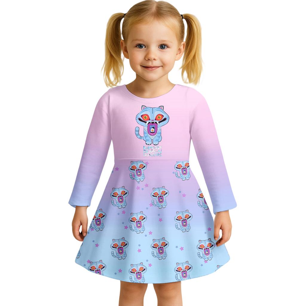 Kids Girls Casual Daily Dress Cute Cartoon Print Long Sleeves Dance Wear Princess Dress  2-12 Years