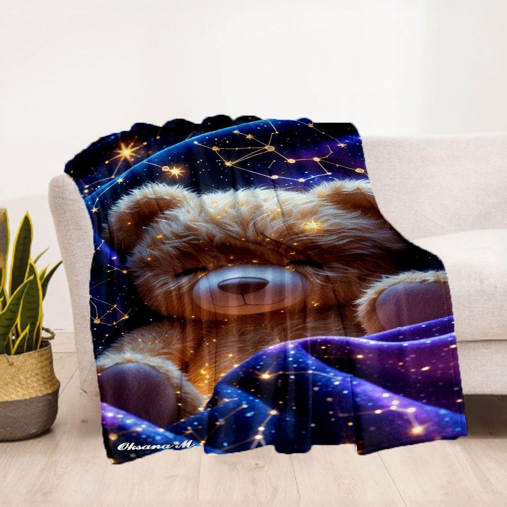 "Starry Night Teddy Bear Plush Toy - Celestial Comfort"Blanket Flannel Throw Blanket for Sofa, Bed, Travel, Camping, Office, Couch, Chair, A