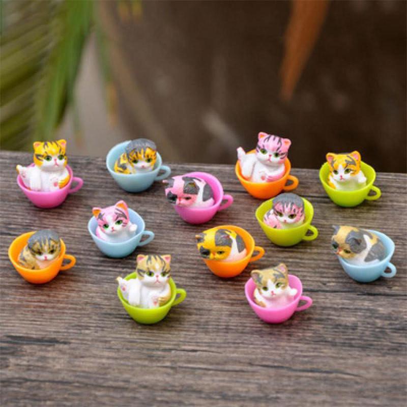 Mini Teacup Cat Pvc Figurines Desktop Decor Collectible Display Toys Kids Gift