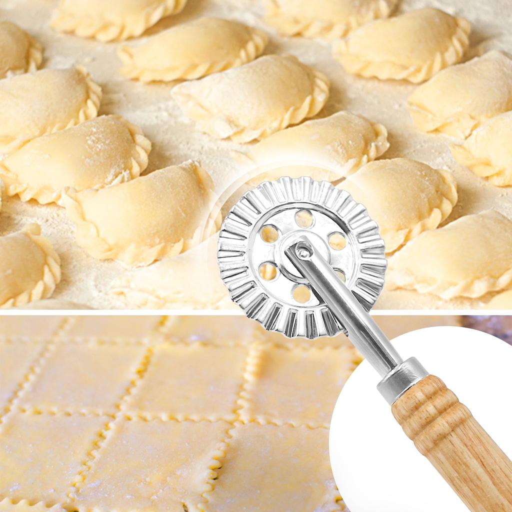 Raviolica Cutter Stamp with Roller Wheel Round Shape with Wood Handle and Grooved Edge Pasta Press Pasta Cutter for Home Kitchen