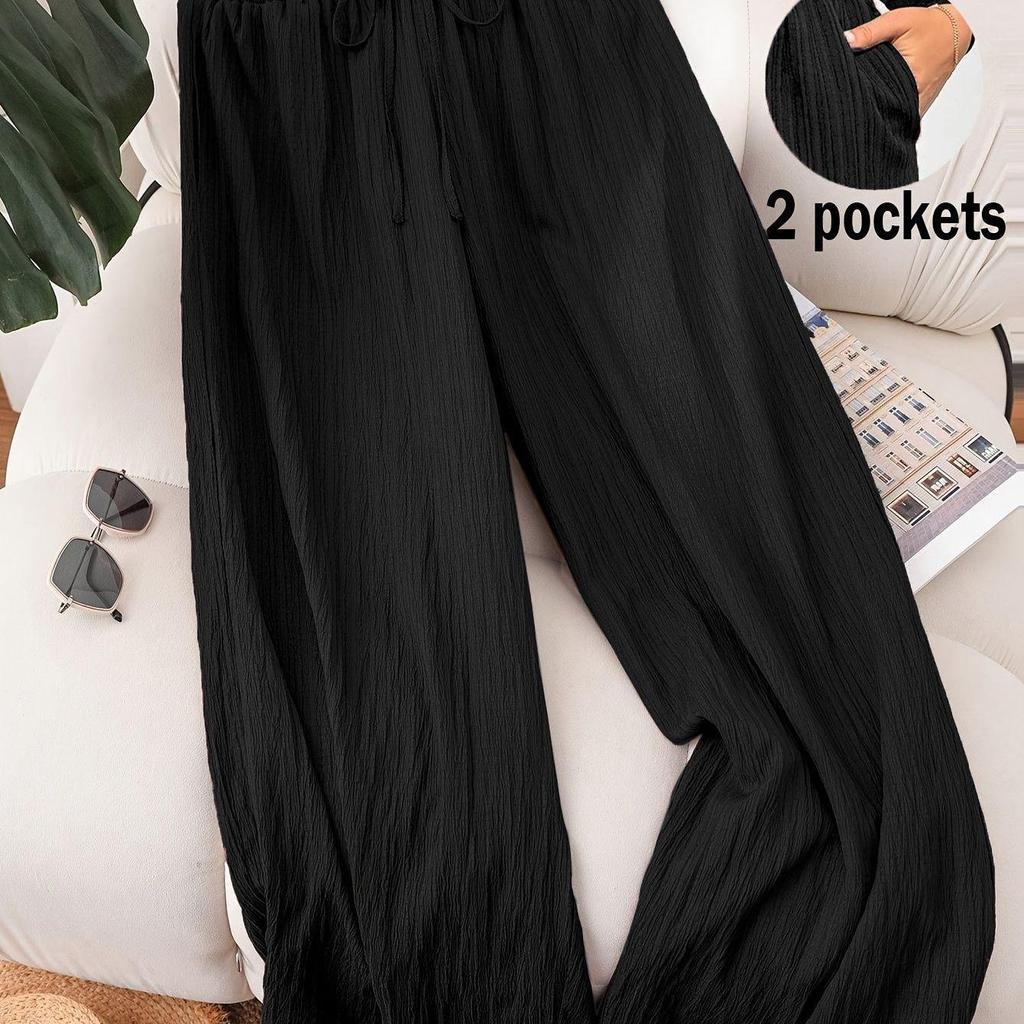 Plus Size Women's Elegant Elastic Waist Lace-Up Casual Trousers with Pockets for Spring and Summer Vacations