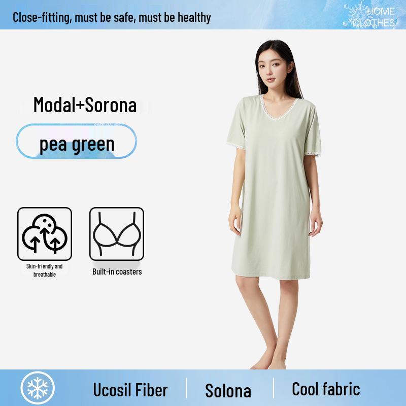 

Кружевное ночное платье с V-образным вырезом и рукавом три четверти с нагрудными вкладышами - Женская летняя пижама и платье