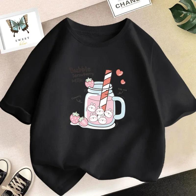 Strawberry Juice Graphic Print T-shirt Girls Aesthetic Pink Tops Tee 2024 Summer New Fashion Women T Shirt