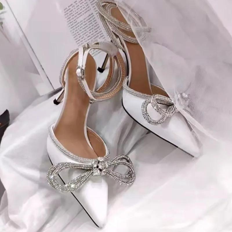 Fashion Women's Shoes 2025 New Plus Size Women's High Heels Elegant Wedding Shoes Wrap Crystal Bow Strap Stiletto Pointed Toe Sandals