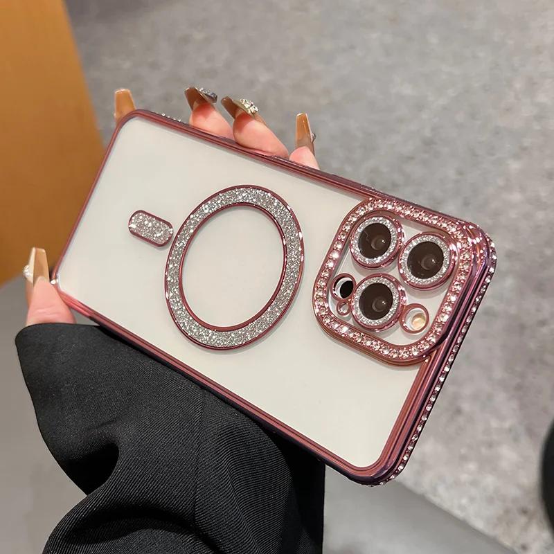 Klarer Bling-Kristall-Handyhülle Für iPhone 16 15 14 13 12 11 Pro Max Plus Für Magsafe Magnetisches Kabelloses Laden Linsenfolienabdeckung