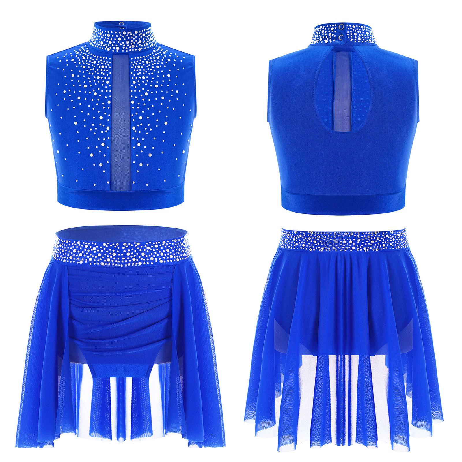 

Girls Dance Performance Crop Top Mock Neck Sleeveless Keyhole Back Shiny Rhinestones Ruched Irregular Skirt Outfit Stage Costume 5-6 Years синій
