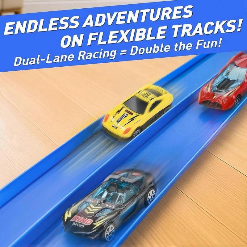 Flexible Race Car Track for Kids Toy, Rolls Up Portable Flex Track Racetrack with Suction Cups & 4 Wheels, Compatible with 1:64 Cars Toys