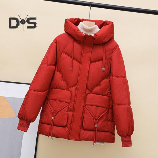 Winter Down Coat Thickened Padded Hooded Pockets Zipper Closure with Drawstring And Pockets Windproof Heat Retention Daily Cold Weather Outwear