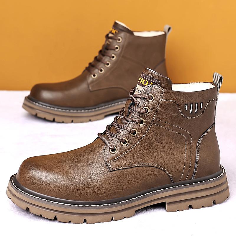 Fleece thermal cotton leather boots fur integrated men's boots winter explosion wool cotton boots casual outdoor retro Martin boots