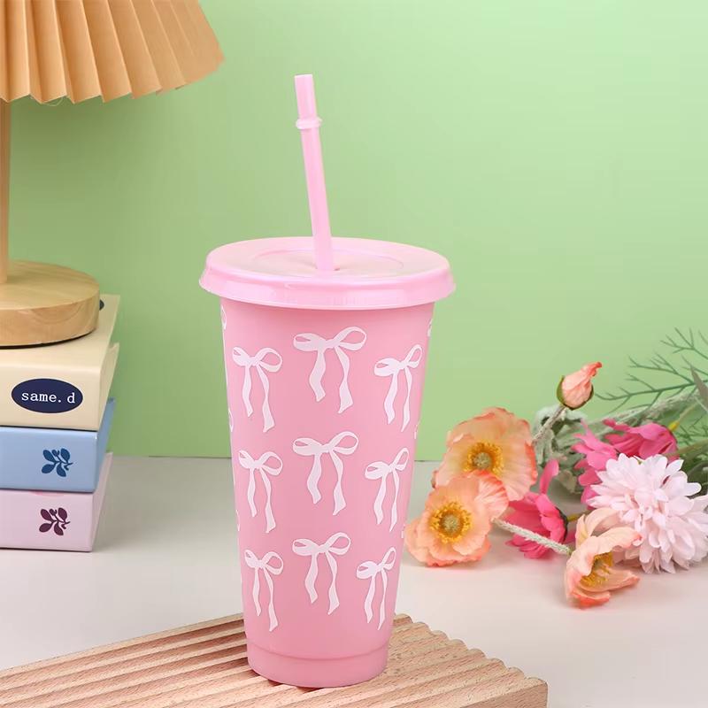 1/3/5 pack Kawaii Bow Reusable Party Cup, Coffee Juice with Straw and Lid, Cute Teacup with Straw Plastic Cup Summer Gift