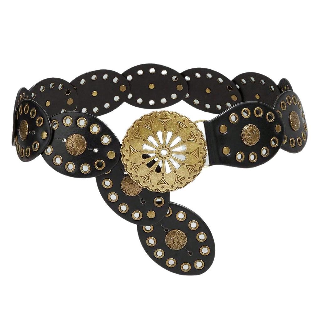 1PC European and American style hollow round cake splicing ethnic style belt female bohemian wear waist seal corns hole retro belt