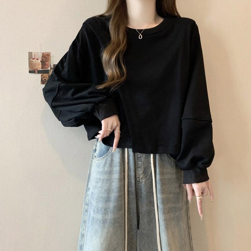 Women Loose Short Length Crew Neck Long Sleeve Casual Pullover Sweatshirt