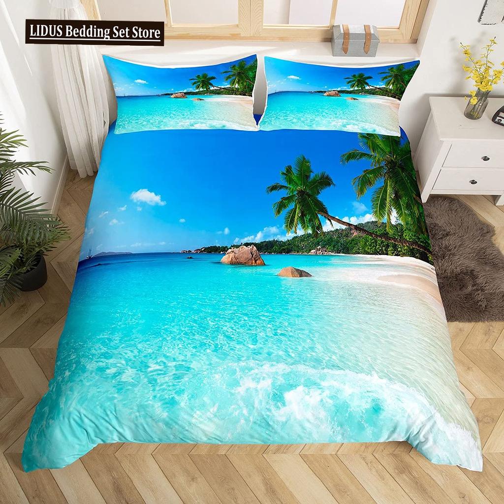 Letni Zestaw Poszwy na Kołdrę Queen Plażowy Zestaw Pościeli Oceanicznej Hawajskie Palmy Życie Morskie Fale Morskie Ryby Nadruk Zestaw Poszwy na Kołdrę