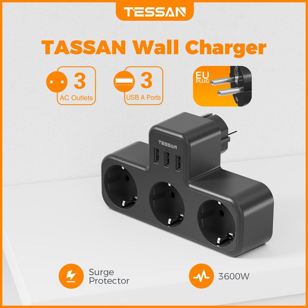 Tessan שקע קיר מרובים שחור עם 3 שקעי AC ו-2 יציאות USB 1 Type C, מתאם USB 6 ב-1 עם הגנה מפני עומס יתר לסמארטפון, טאבלט