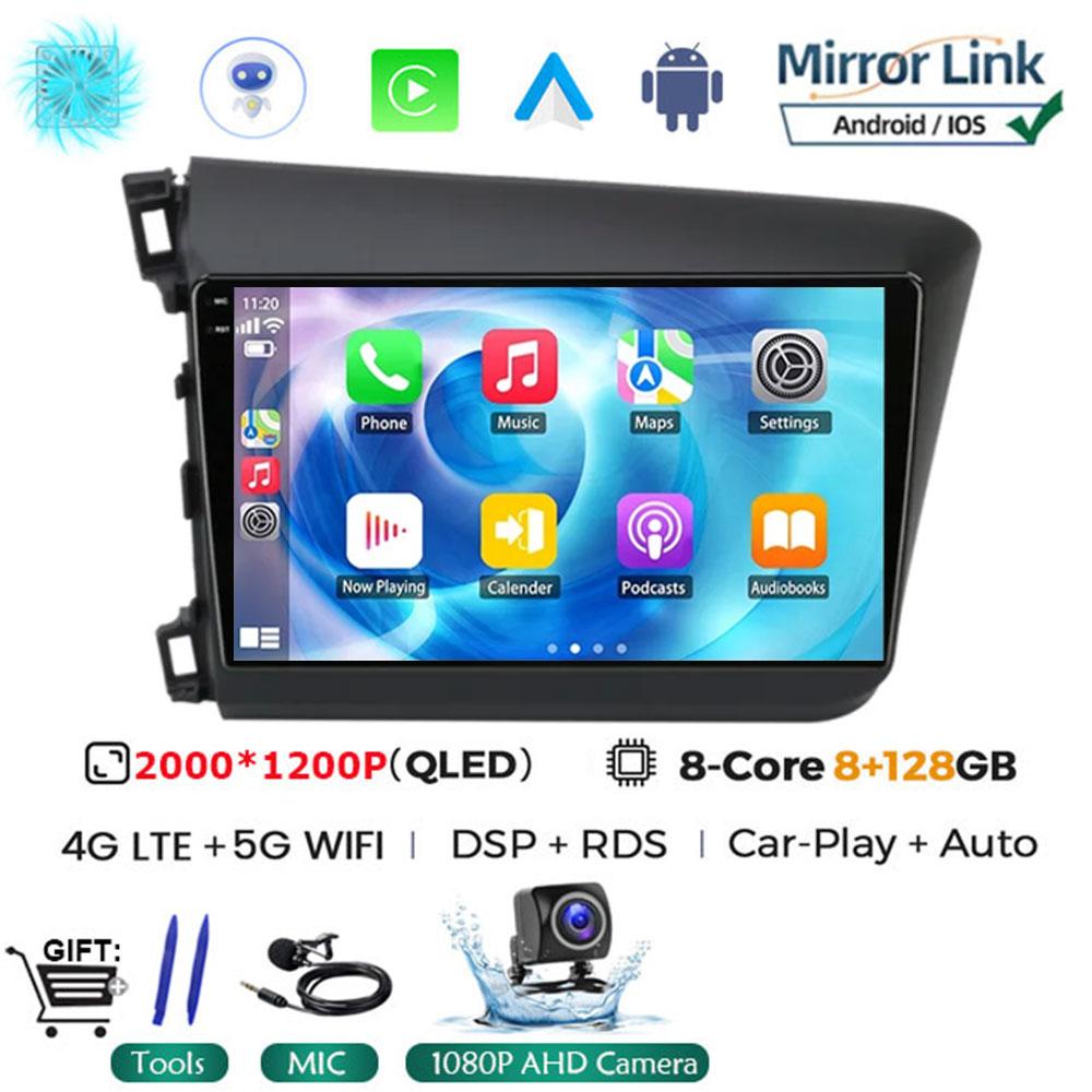 9" 2 Din Android 14 Car Radio for Honda Civic 2012 2013 2014 2015 Multimedia Player 2din Carplay Stereo GPS DVD Head Unit NO DVD