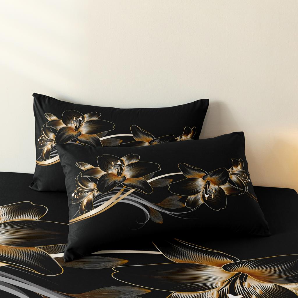 3Pcs Set Black Golden Flower Print Duvet Cover Set, For Adults Bedroom Dormitory And Hotel Supply(1 Duvet Cover + 2 Pillowcases)