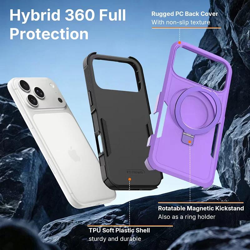 Coque Magnétique avec Support Invisible Rotatif pour IPhone 18 Pro Max 15 16 17 Pro Anti-Choc Antidérapante Armure Robuste Housse de Protection Robuste